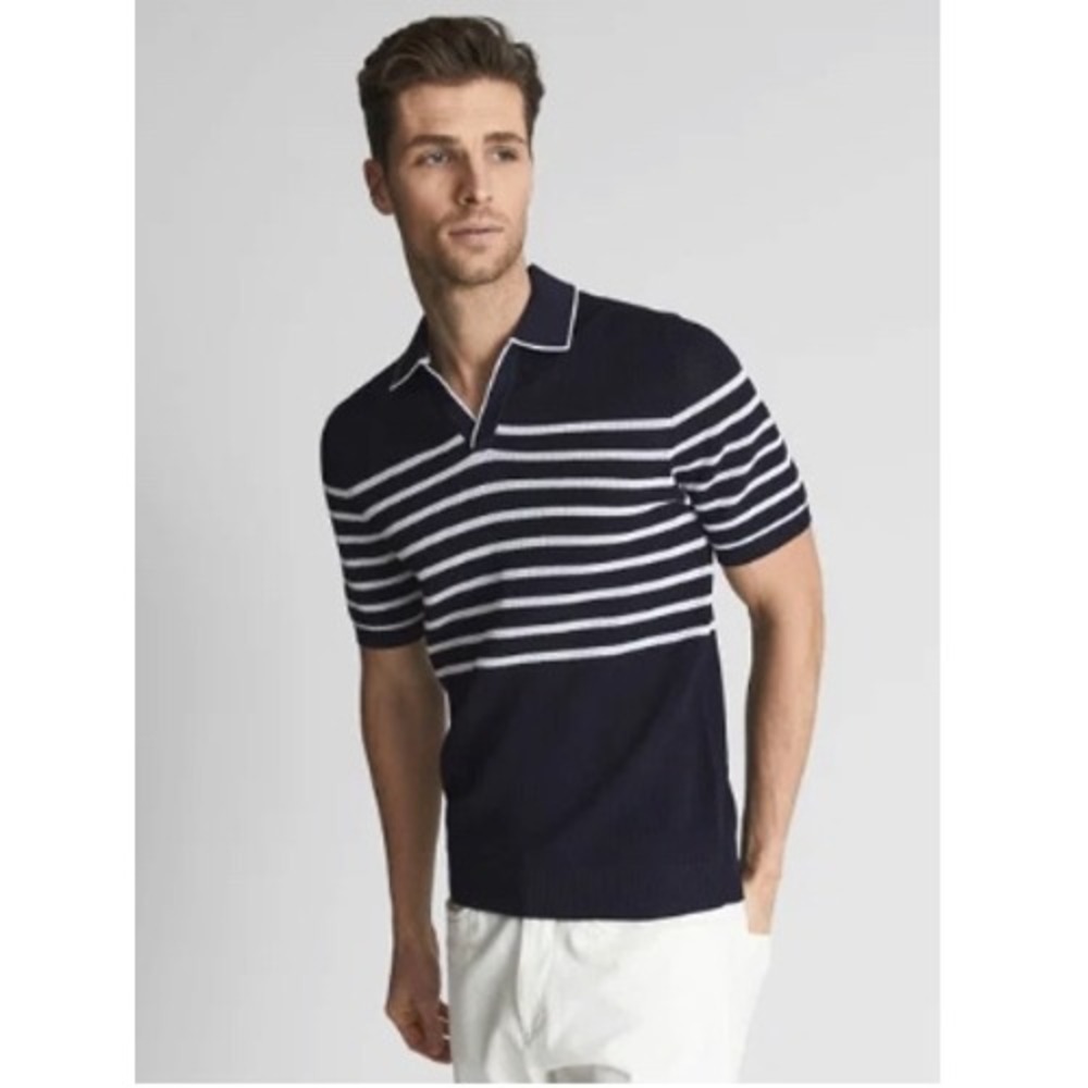 REISS Admiral Pointelle Knit Polo Shirt Mens Navy Striped V-Neck Mesh Sweater M